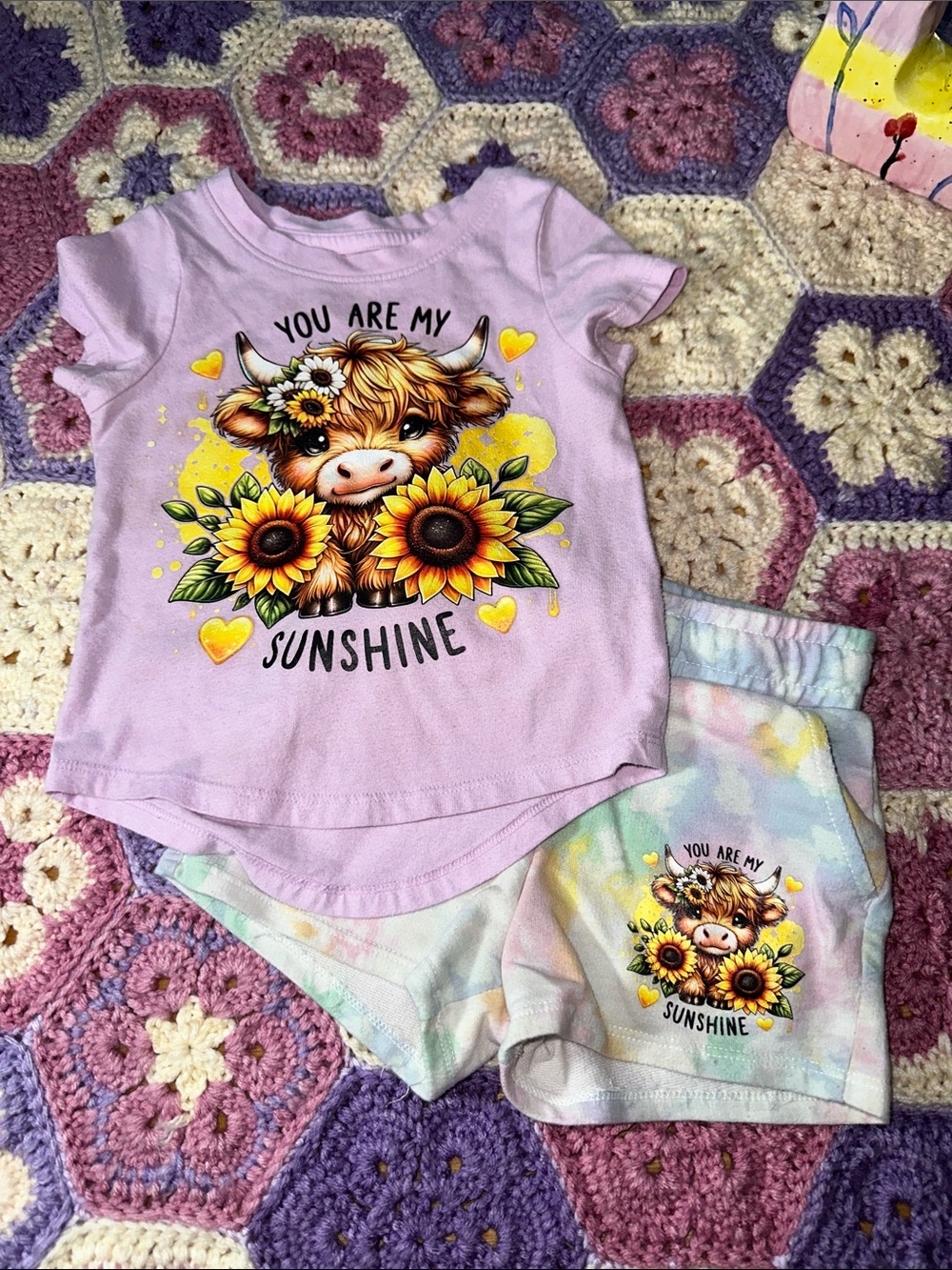 Cat & Jack Pink Cow T-Shirt 2T and matching rainbow shorts 3T. B315